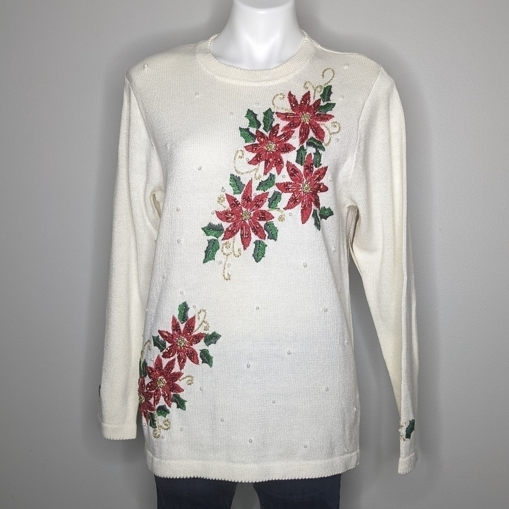 ✨3/$15 Vintage Basic Editions Holiday poinsettia flower beaded sweater M